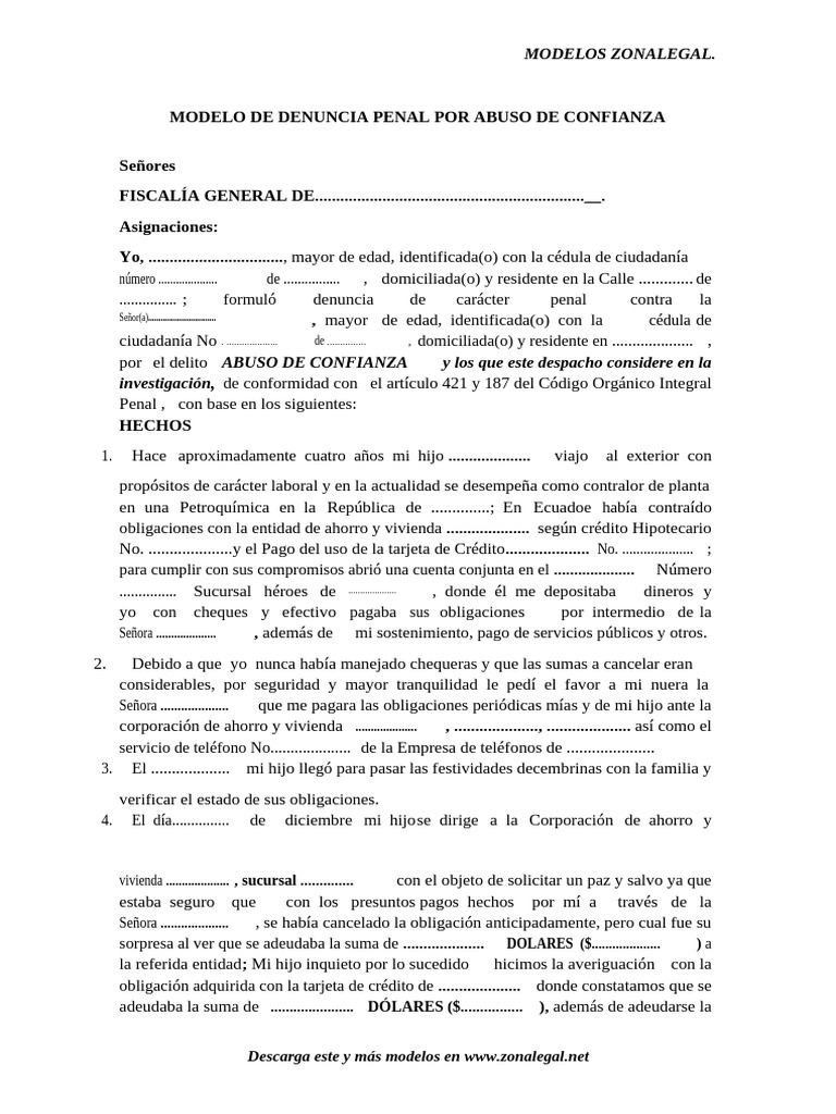 Modelo de Denuncia Penal Por Abuso de Confianza PDF Cheque