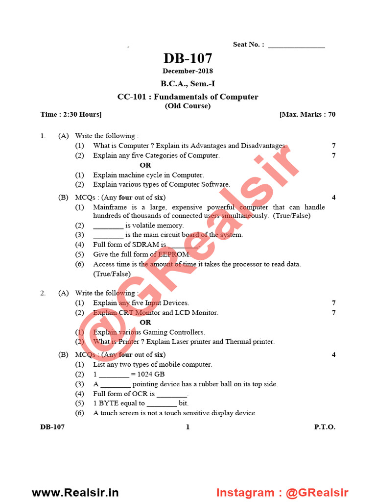 CC-101 Computer Fundamentals Exam Paper | PDF | Computer Data Storage ...