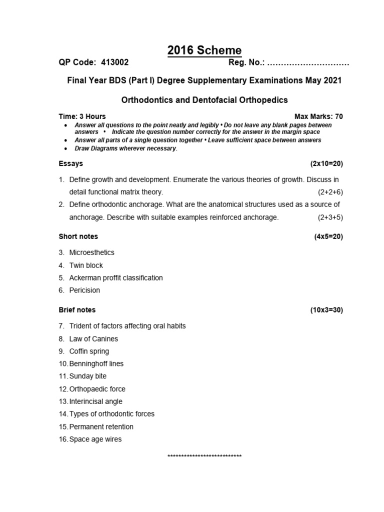 BDS Orthodontics Exam Guidelines | PDF