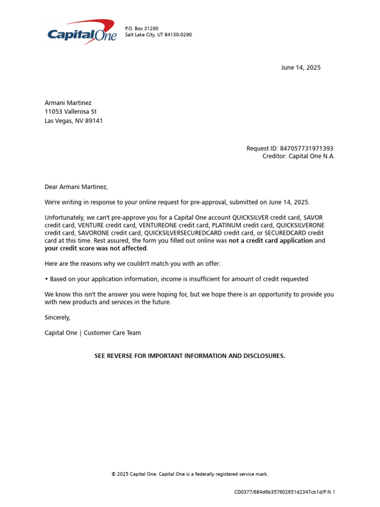 Capital One Pre-Approval Denial Letter | PDF | Business | Justice