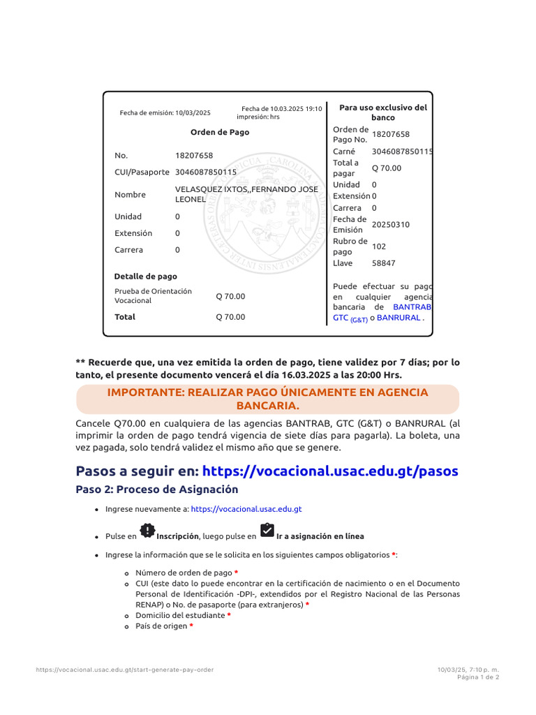 Boleta y Orden de Pago USAC | PDF