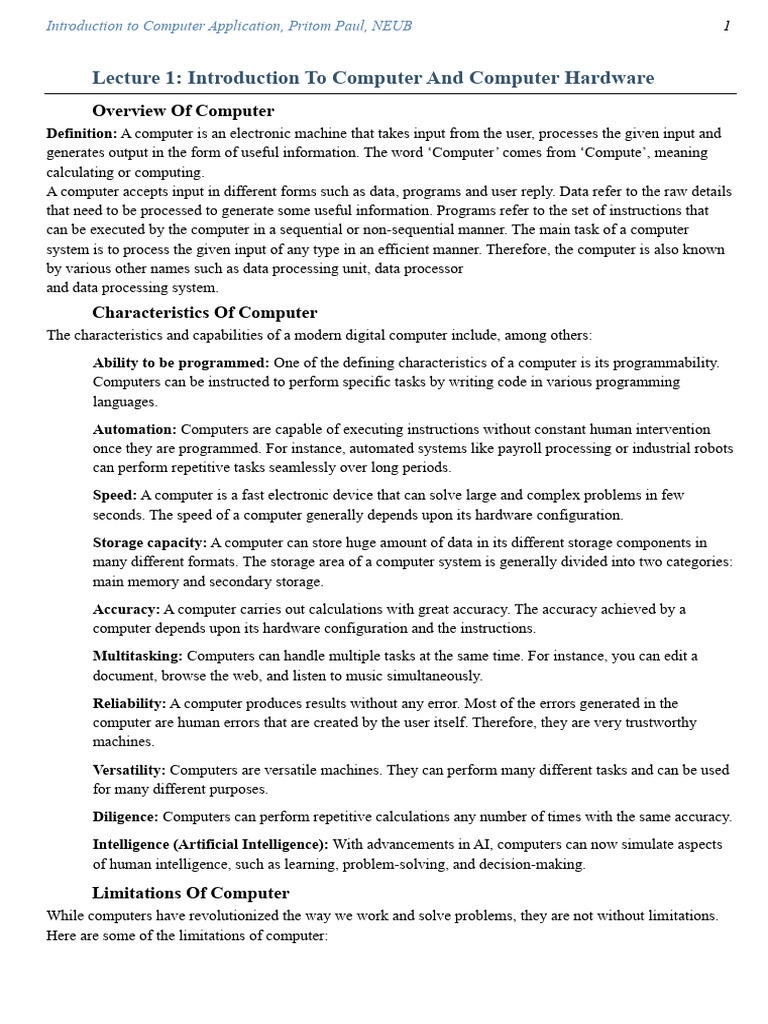 Introduction To Computer Application - Lecture 1 | PDF | Random Access ...