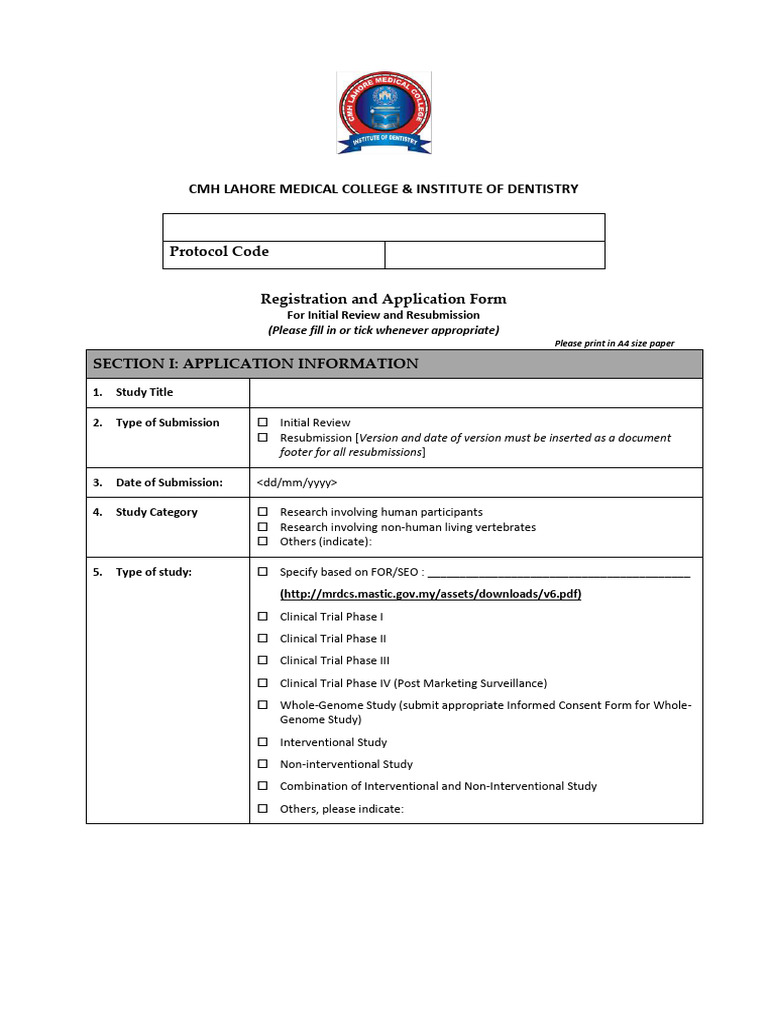CMH Lahore Medical College Research Application | PDF | Clinical Trial ...