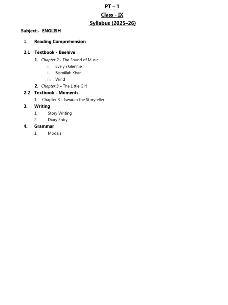 Class - IX PT 1 Syllabus of English 2025-26 | PDF
