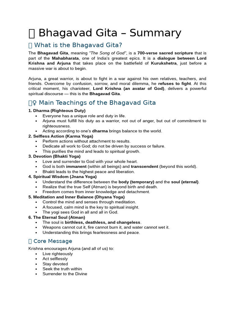 Bhagavad Gita Summary and Teachings | PDF | Bhagavad Gita | Religious ...
