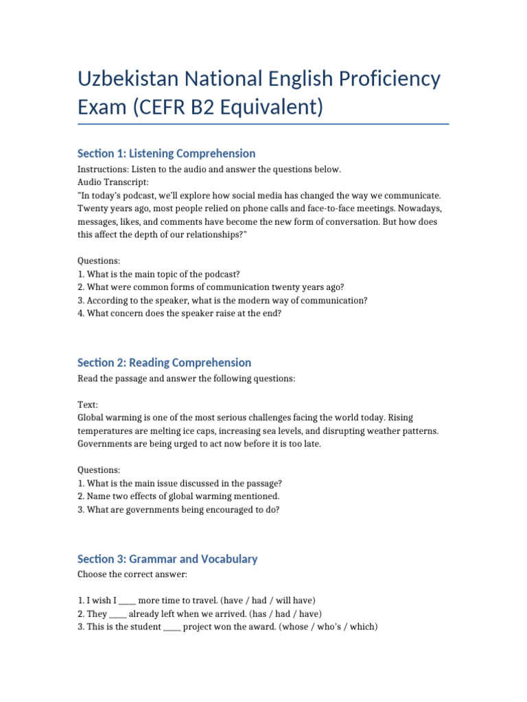 CEFR B2 Exam Overview for Uzbekistan | PDF