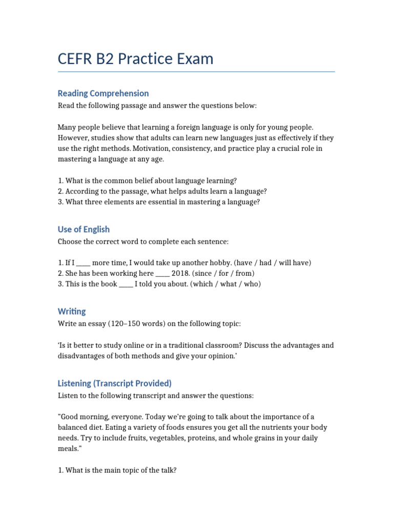 CEFR B2 Practice Exam Overview | PDF