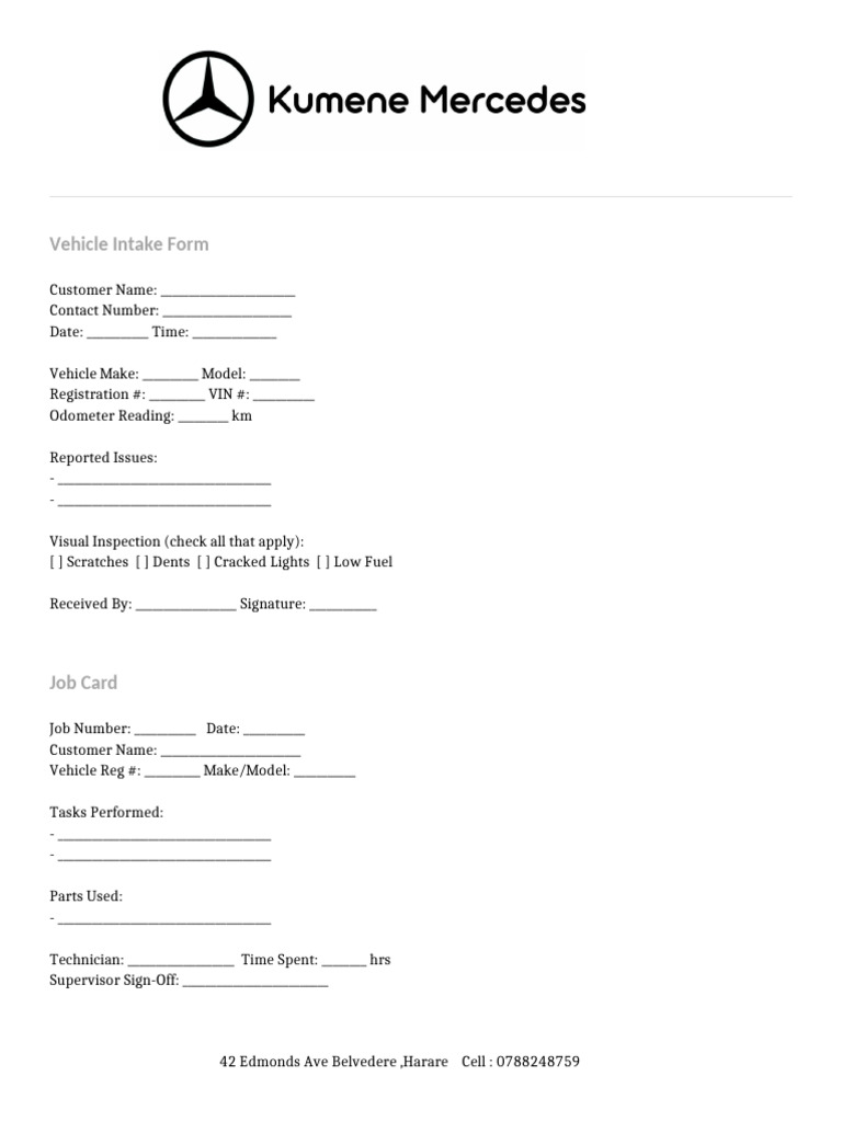 Vehicle Intake and Repair Forms | PDF