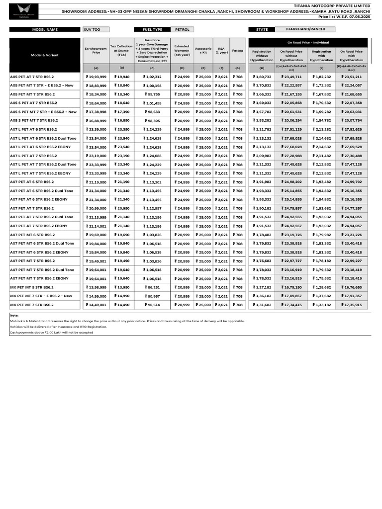 Xuv 7oo Petrol Price List May'25 | PDF
