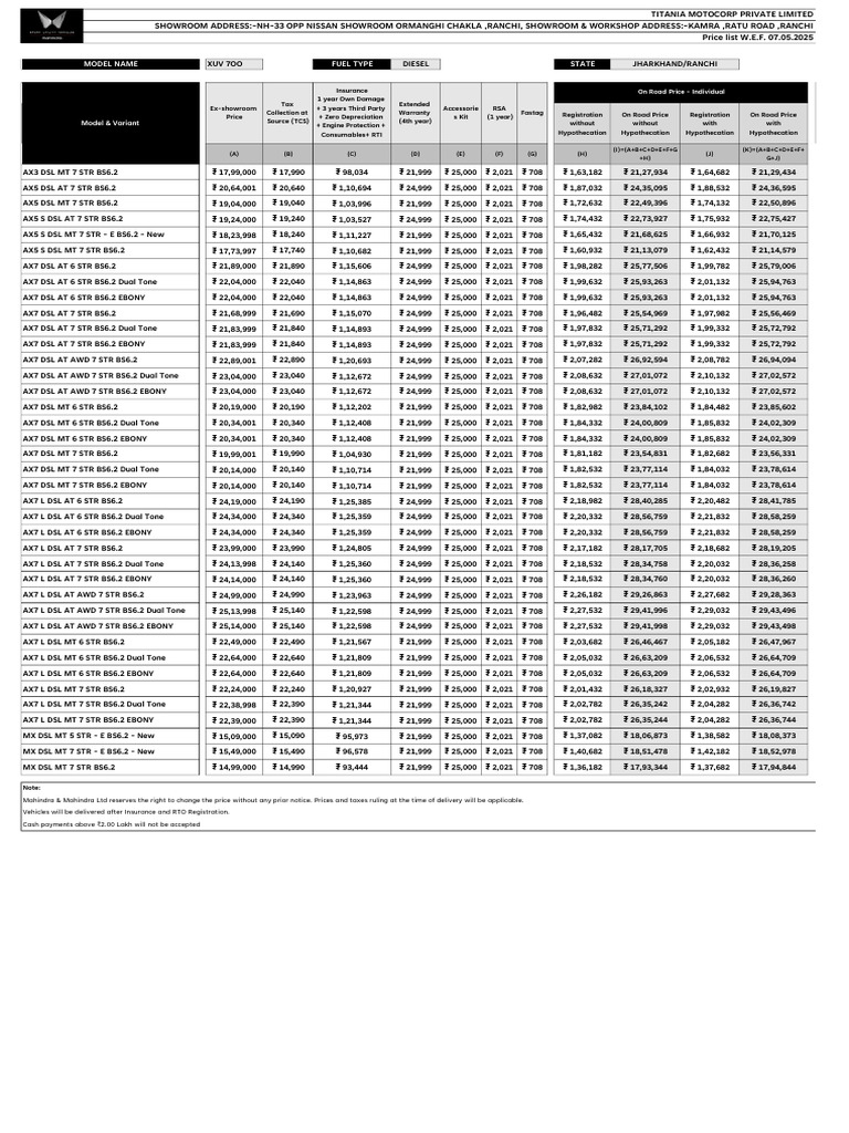 Xuv 7oo Diesel Price List May'25 | PDF | Land Vehicles | Vehicles