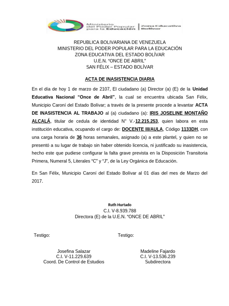 Actas de Inasistencia Docente en U.E.N. | PDF | Venezuela