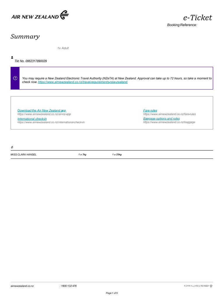 Air New Zealand Flight Itinerary Details | PDF