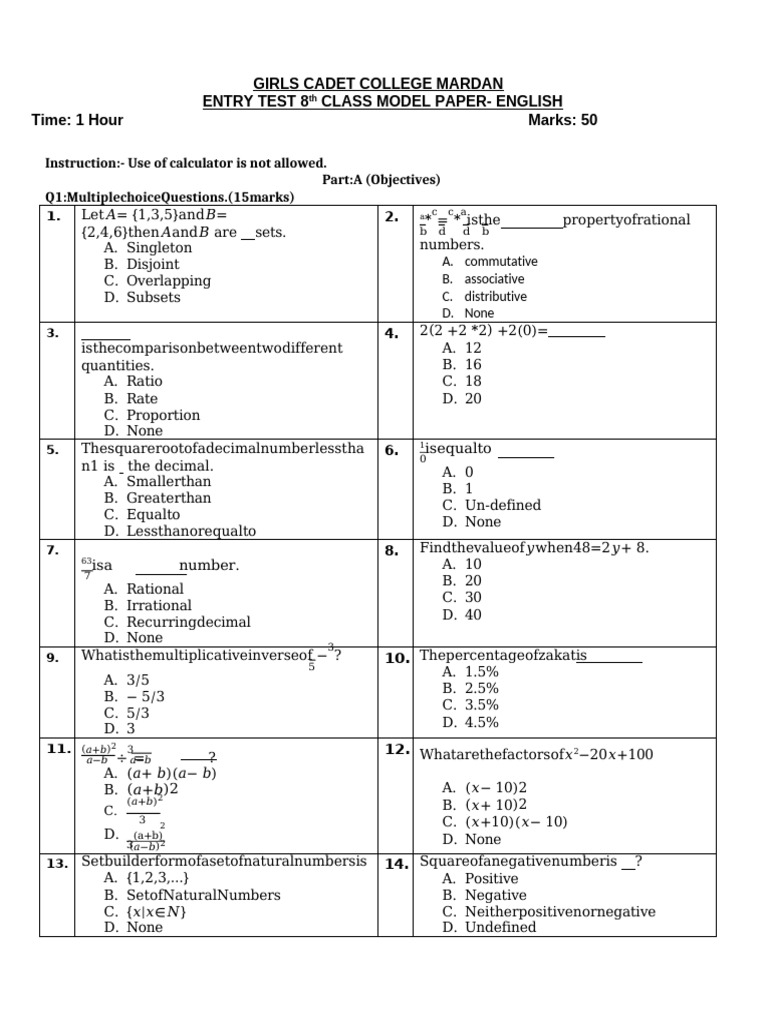 8th Class Math Model Paper 2025 | PDF | Mathematics | Chess Theory
