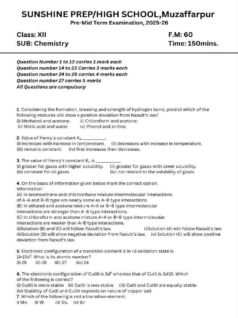 Xii Mid Term Sunshine Chemistry | PDF