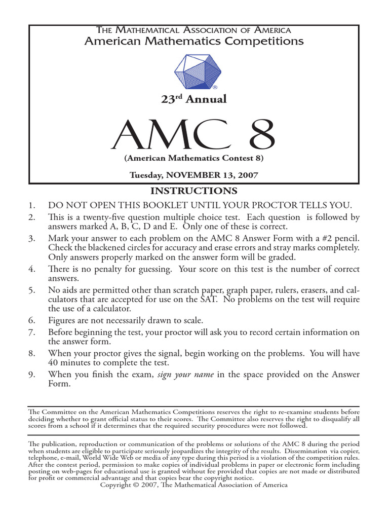 AMC 8 Instructions and Guidelines 2007 | PDF
