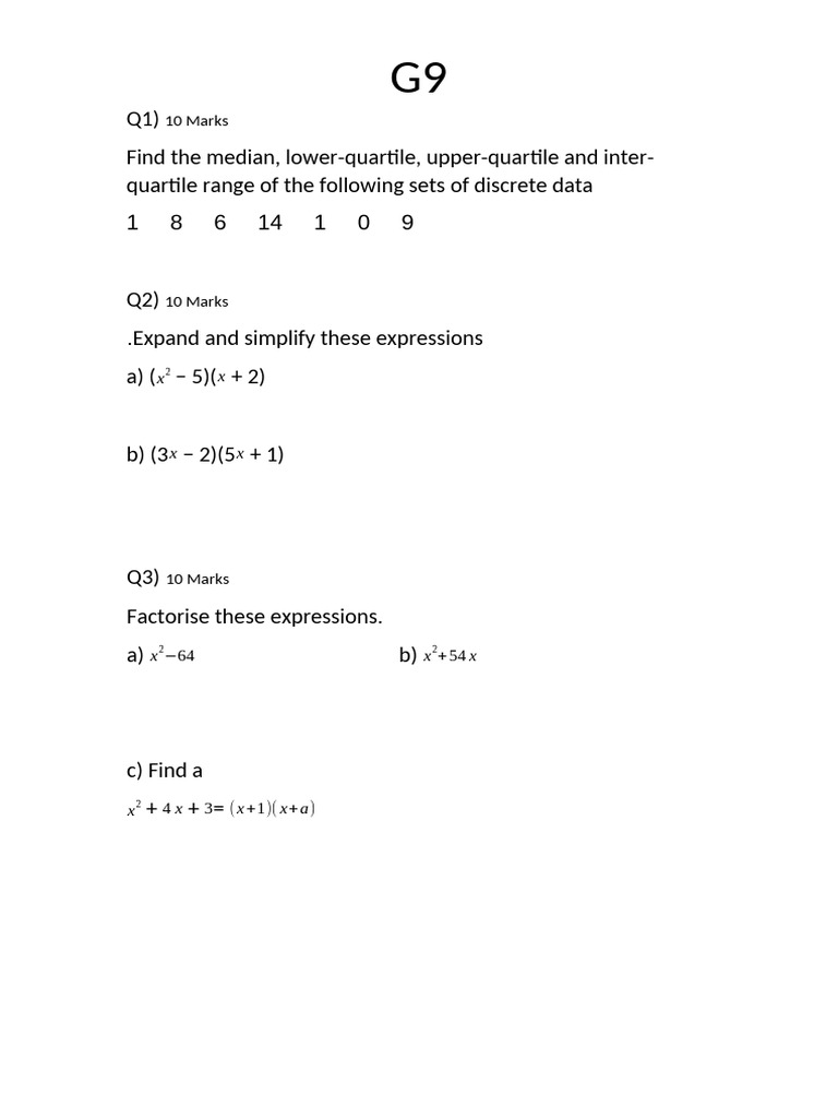 Statistical and Algebraic Problem Set | PDF