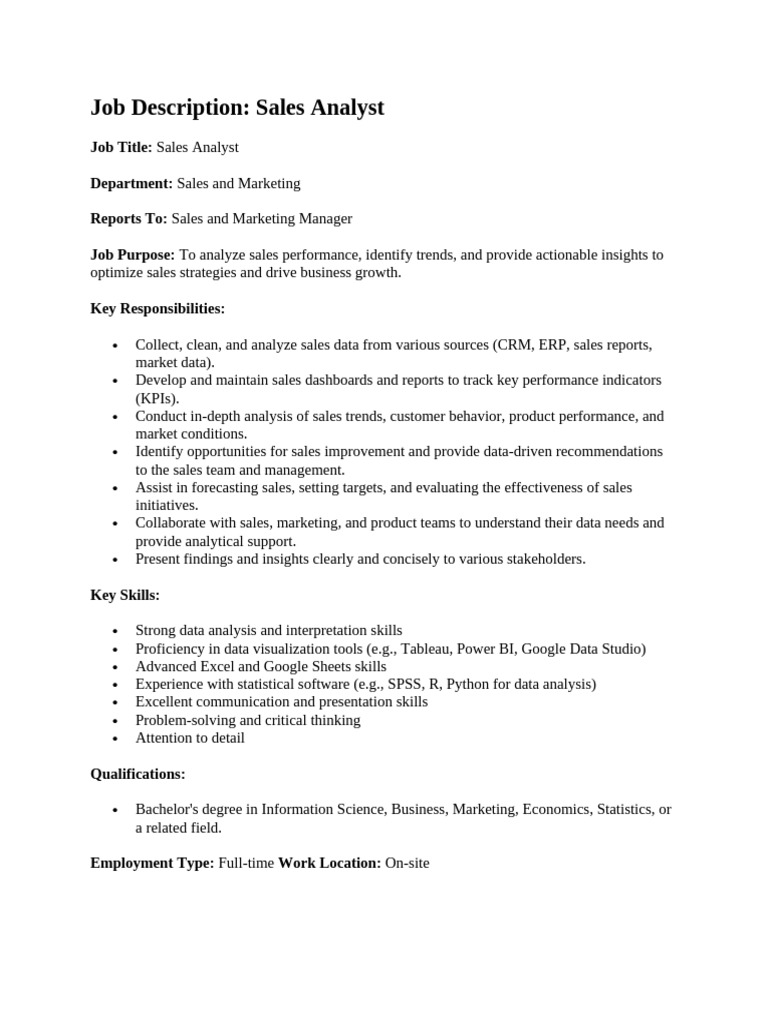 Sales Analyst Job Description and Metrics | PDF | Performance Indicator ...