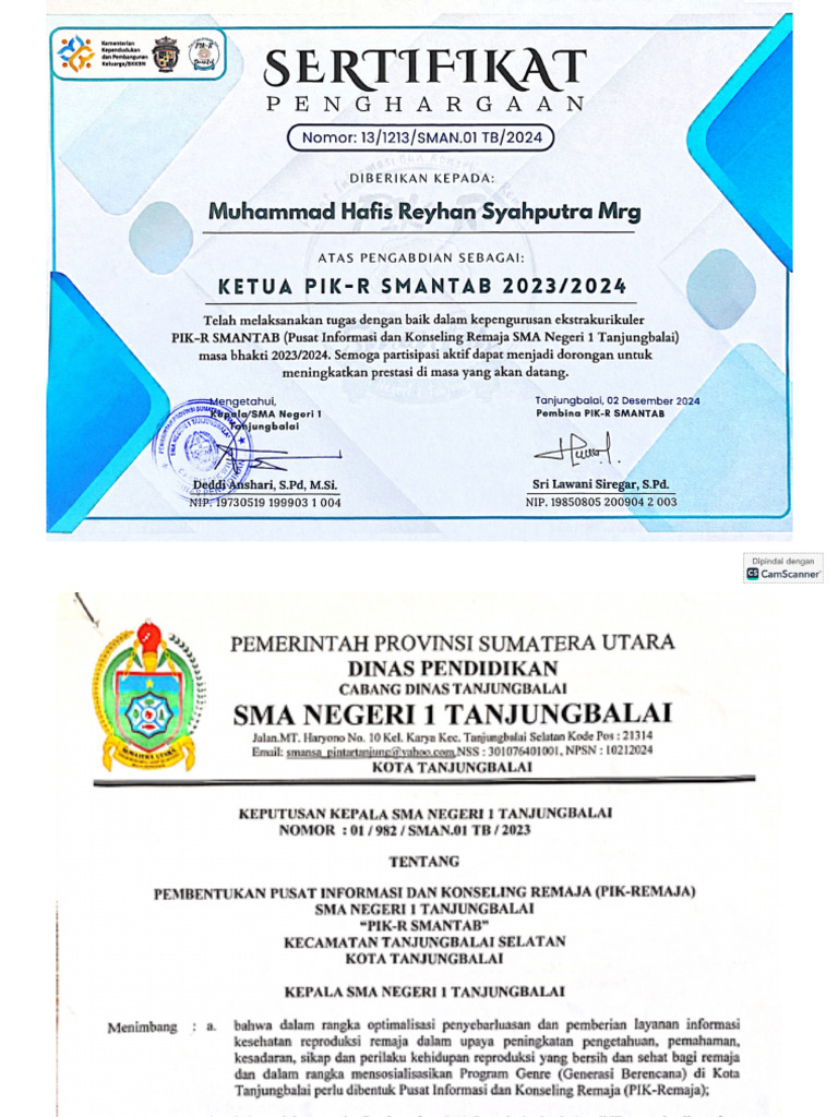 Sertifikat Ketua Ekstrakurikuler PIK R & SK | PDF
