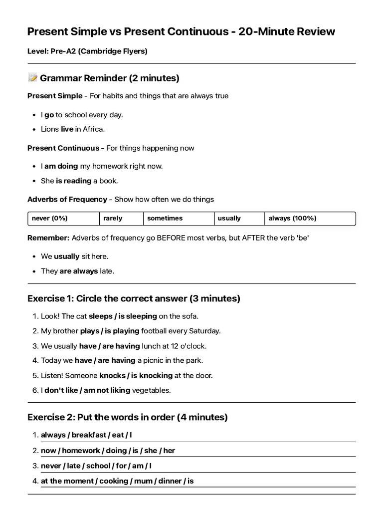 Present Simple vs Continuous A2 Exercises | PDF | Linguistics | Grammar