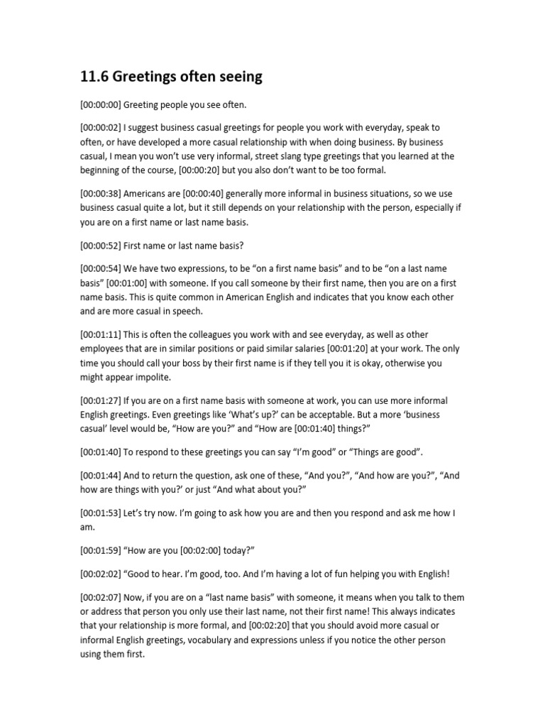 Business Casual Greetings Explained | PDF | Human Communication