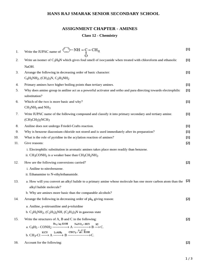 Class 12 Chemistry: Amines Assignment | PDF | Amine | Chemical Reactions