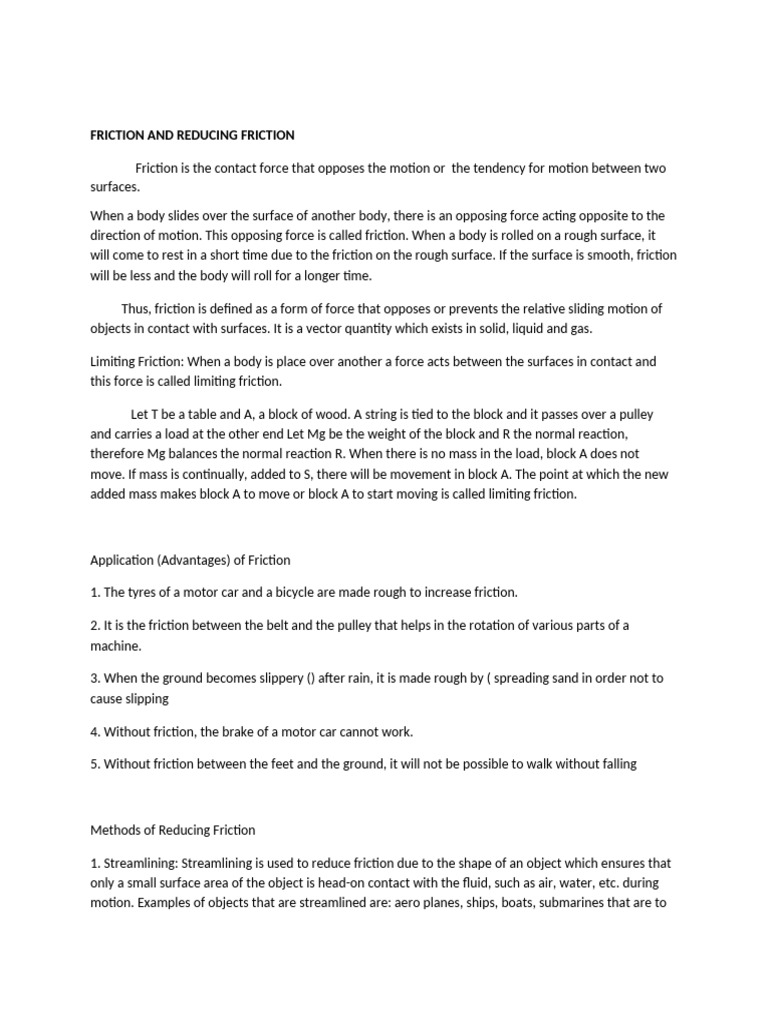 Understanding Friction and Its Reduction | PDF | Friction | Force