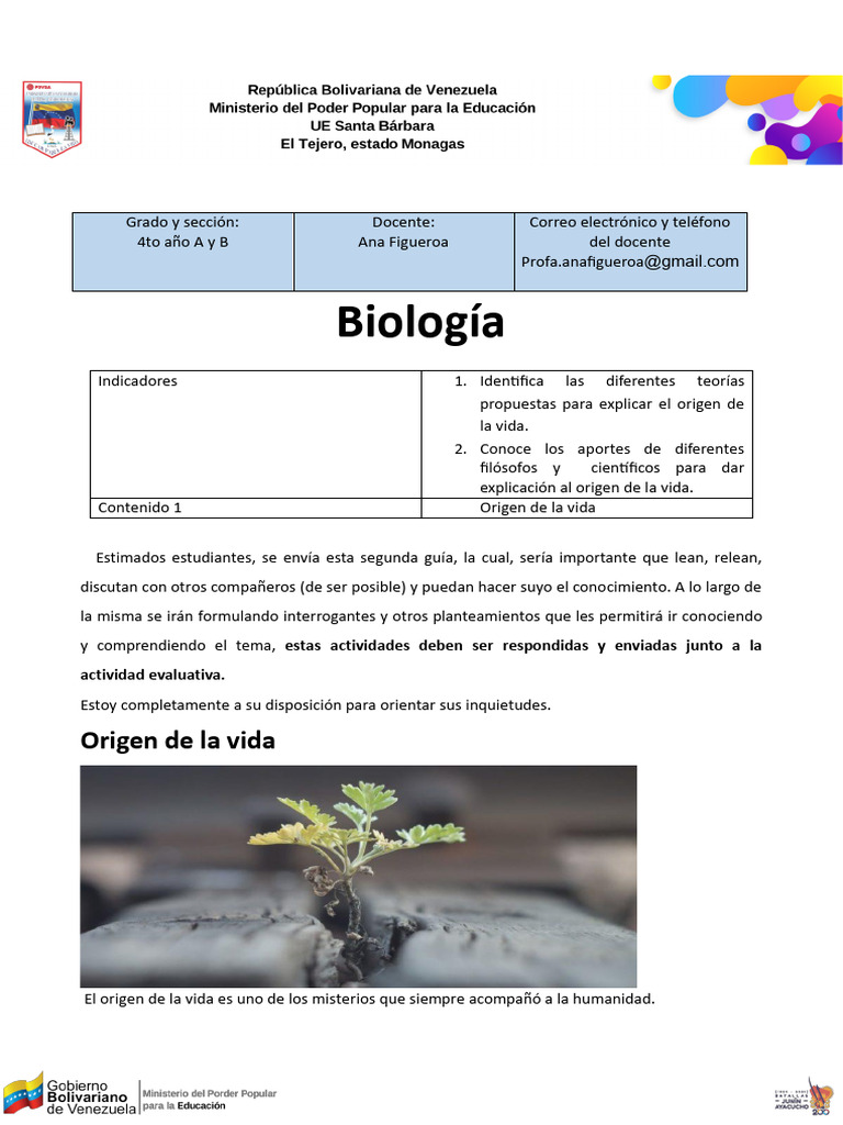 Guia #2 4to Biologia Origen de La Vida Ana Figueroa | PDF | Vida | Biología
