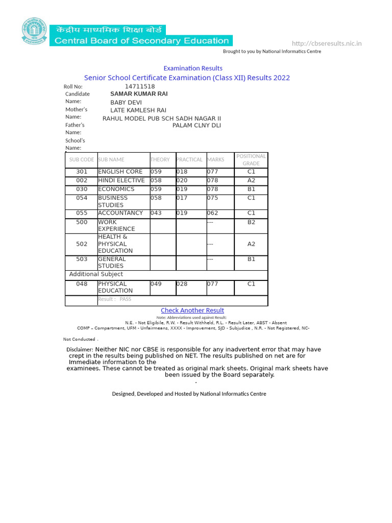 CBSE Class 12 Marksheet Download 2022 | PDF | Secondary Education ...