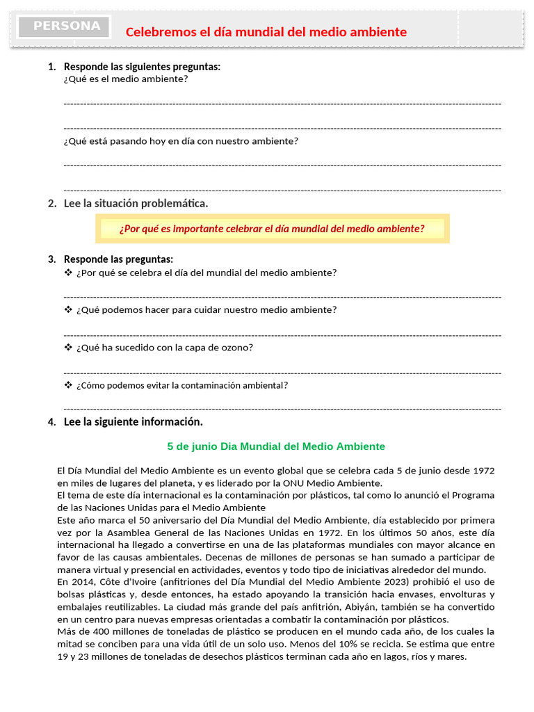 D1 A2 FICHA PS. Celebremos El Día Mundial Del Medio Ambiente | PDF ...