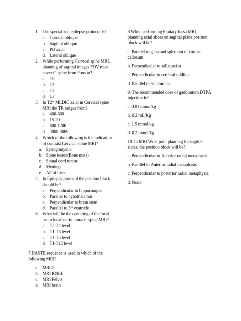 MRI Protocols and MCQs Guide | PDF | Vertebral Column | Magnetic ...