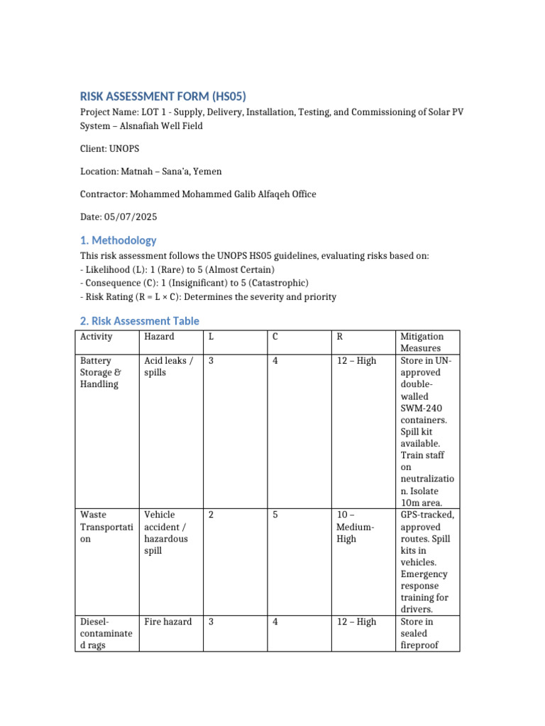 Solar PV System Risk Assessment Form | PDF | Waste | Risk Assessment