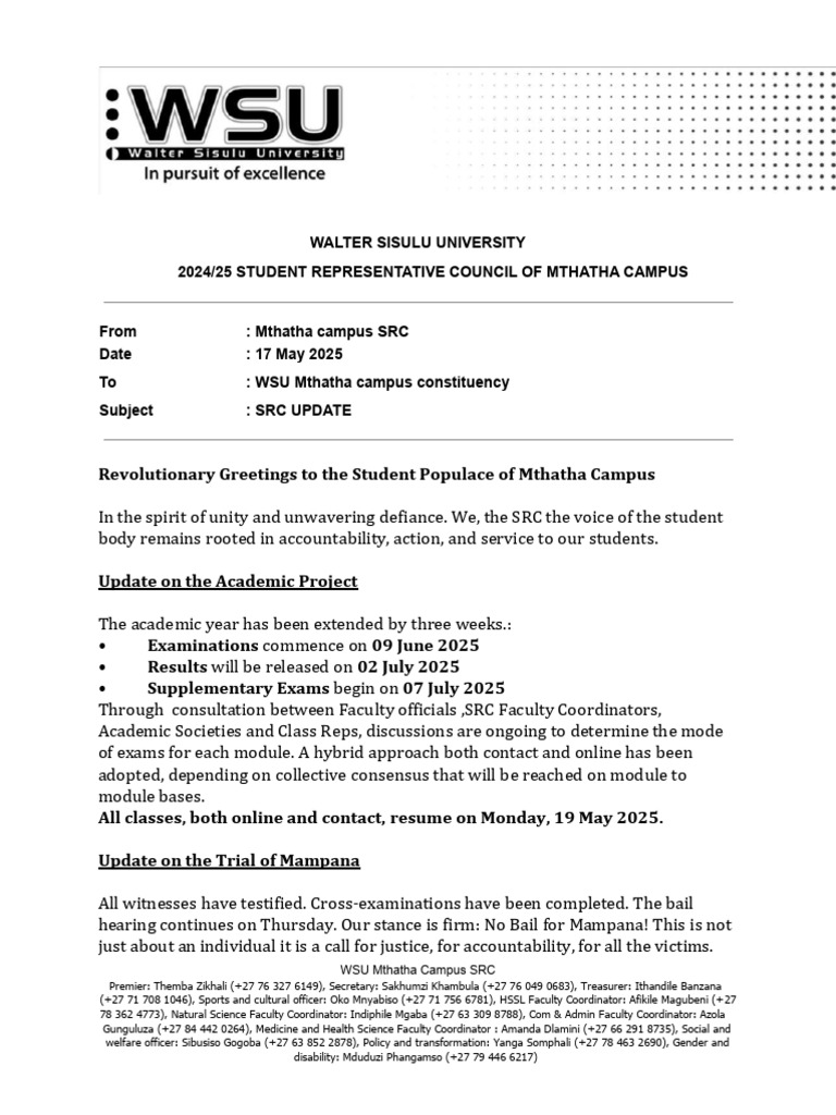 WSU Mthatha Campus SRC Update 2025 | PDF