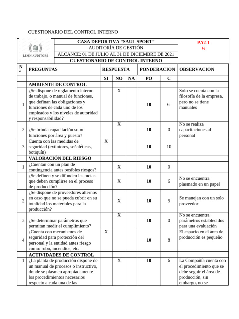 Cuestionario de Control Interno 2021 | PDF