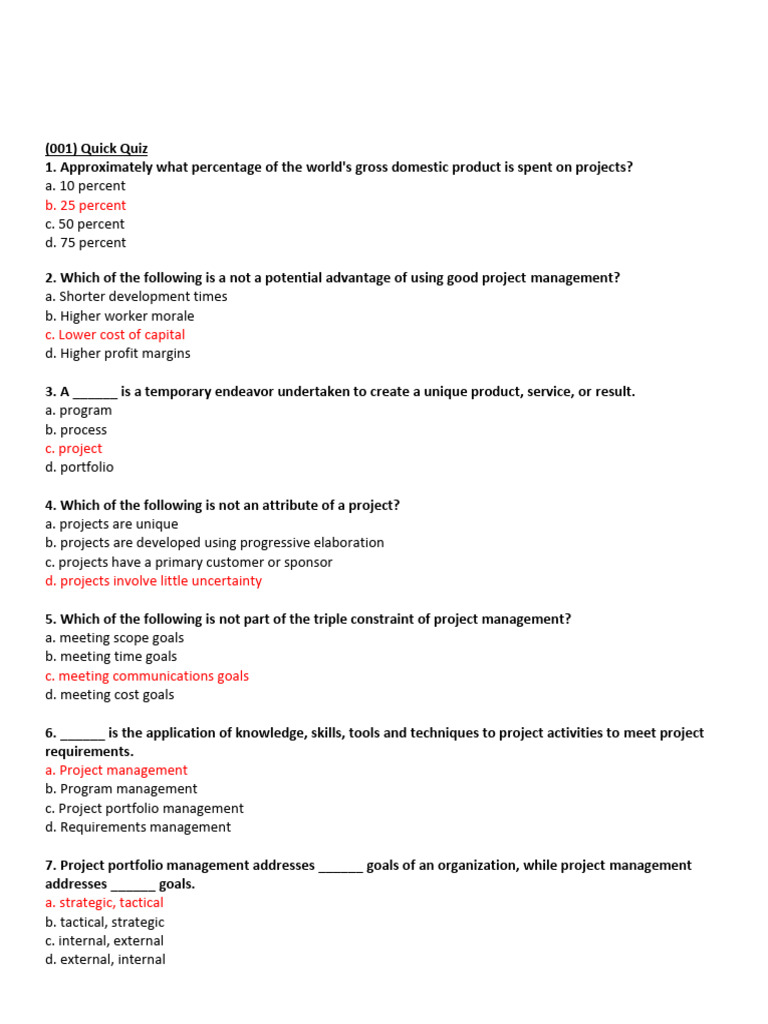 Project Management Quick Quiz | PDF | Project Management | Business