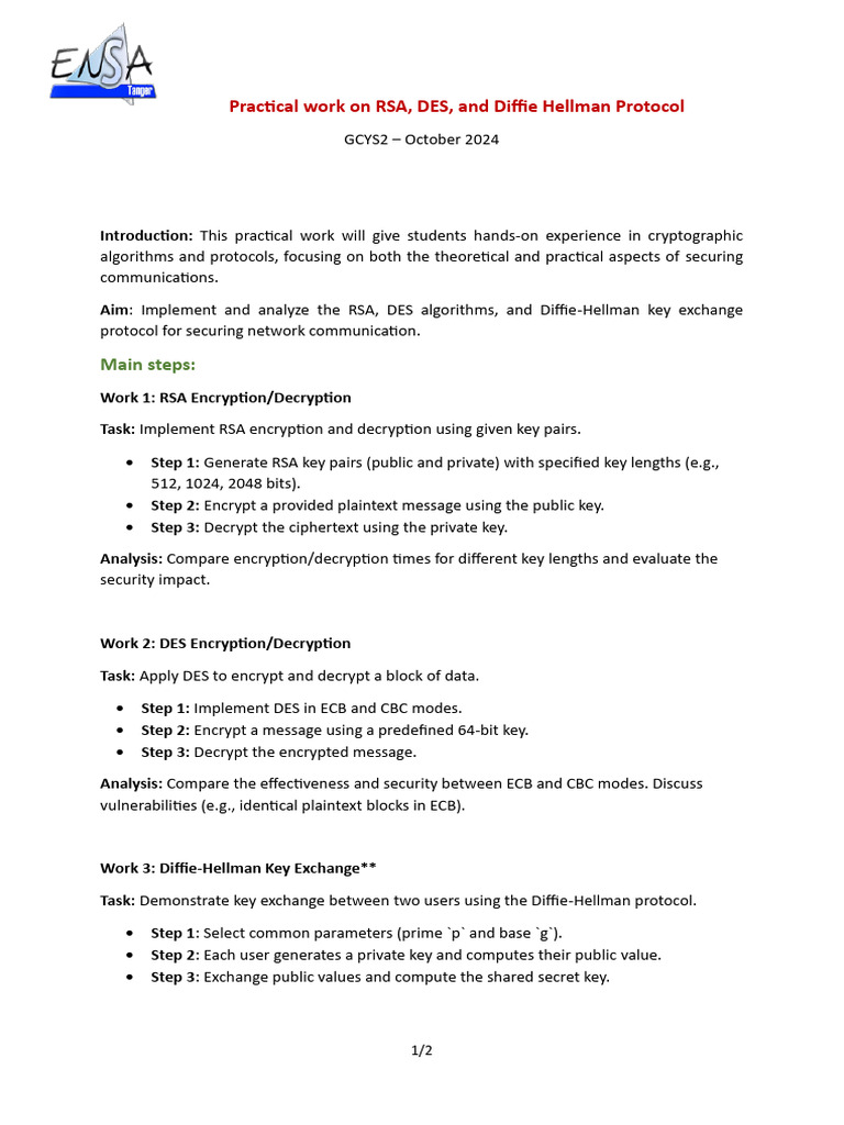 Cryptography Practical Rsa Des Diffie Hellman Pdf Key