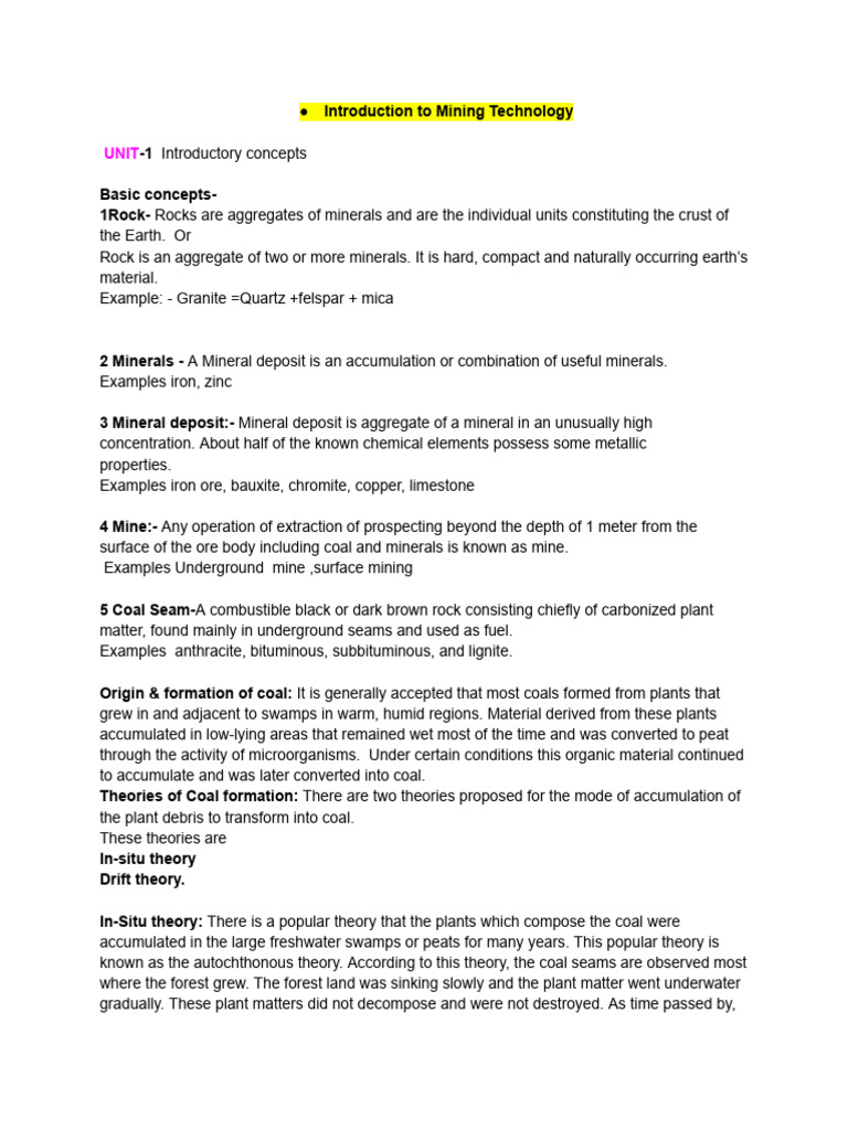 Unit-1 Introduction To Mining Technology | PDF | Rock (Geology) | Fault ...