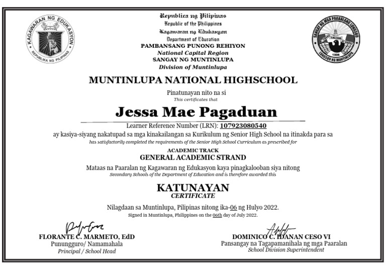 Senior High School Completion Certificate | PDF