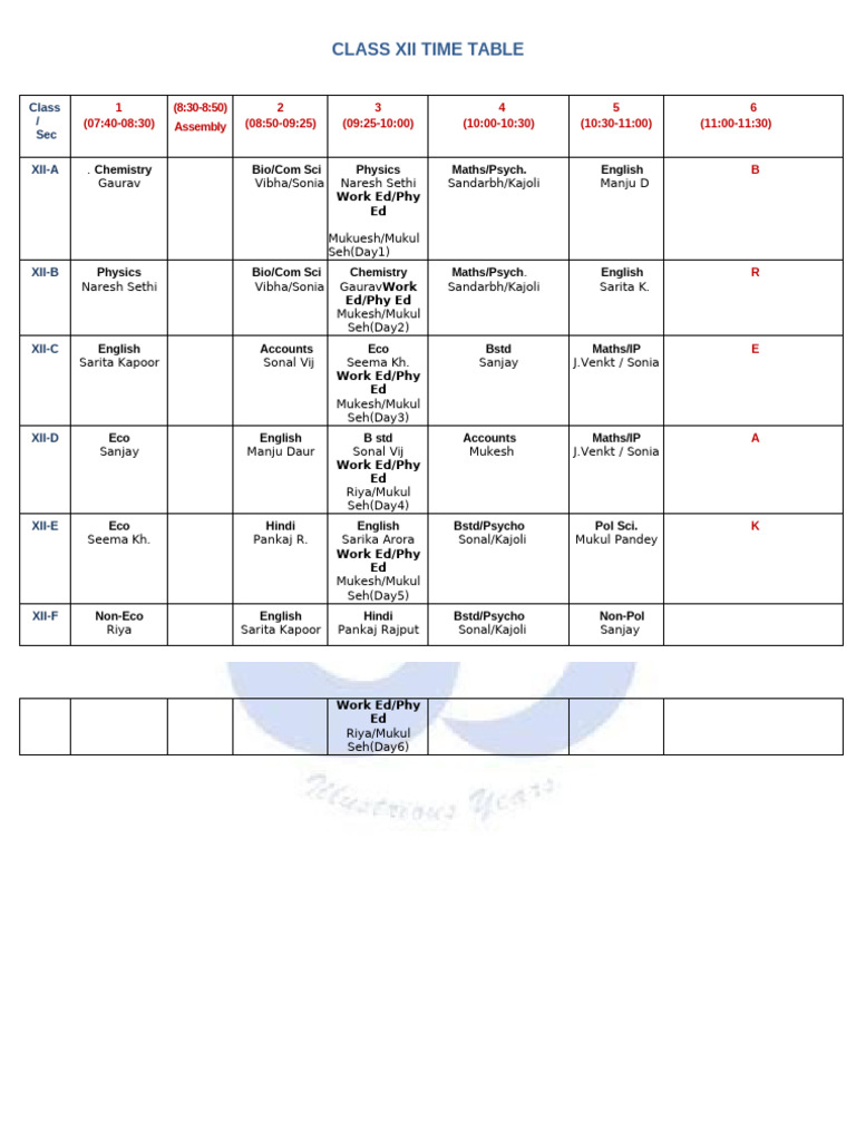 Class XII Time Table Overview | PDF