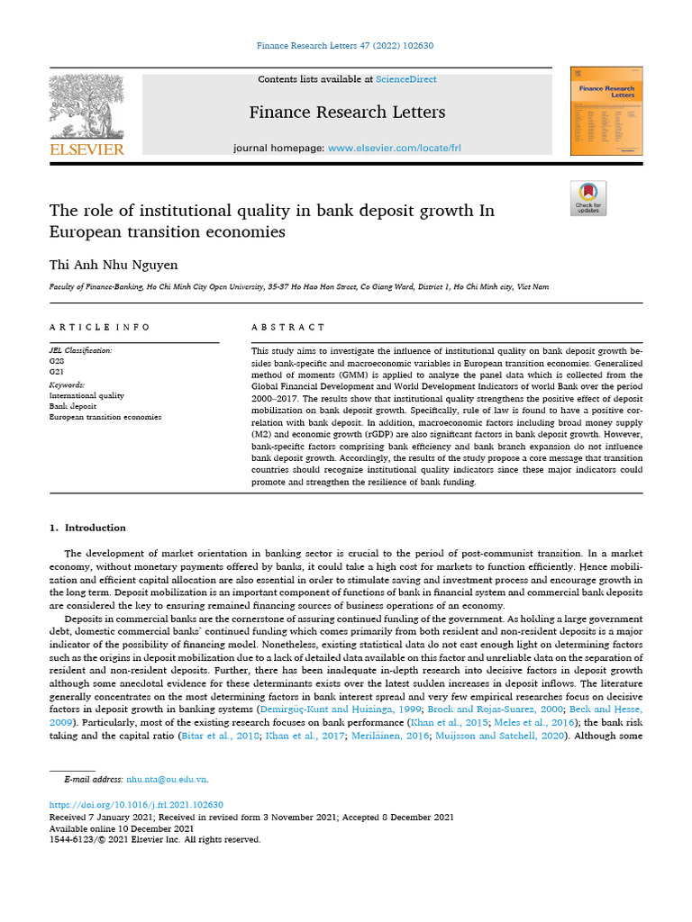 The Role of Institutional Quality in Bank Deposit Growth in European ...