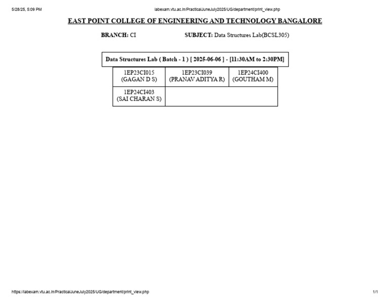 Data Structures Lab Exam Schedule | PDF