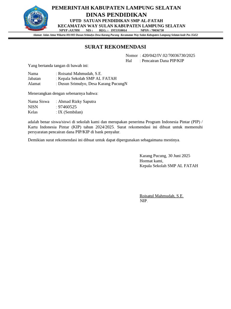 Surat Rekomendasi Pencairan PIP | PDF