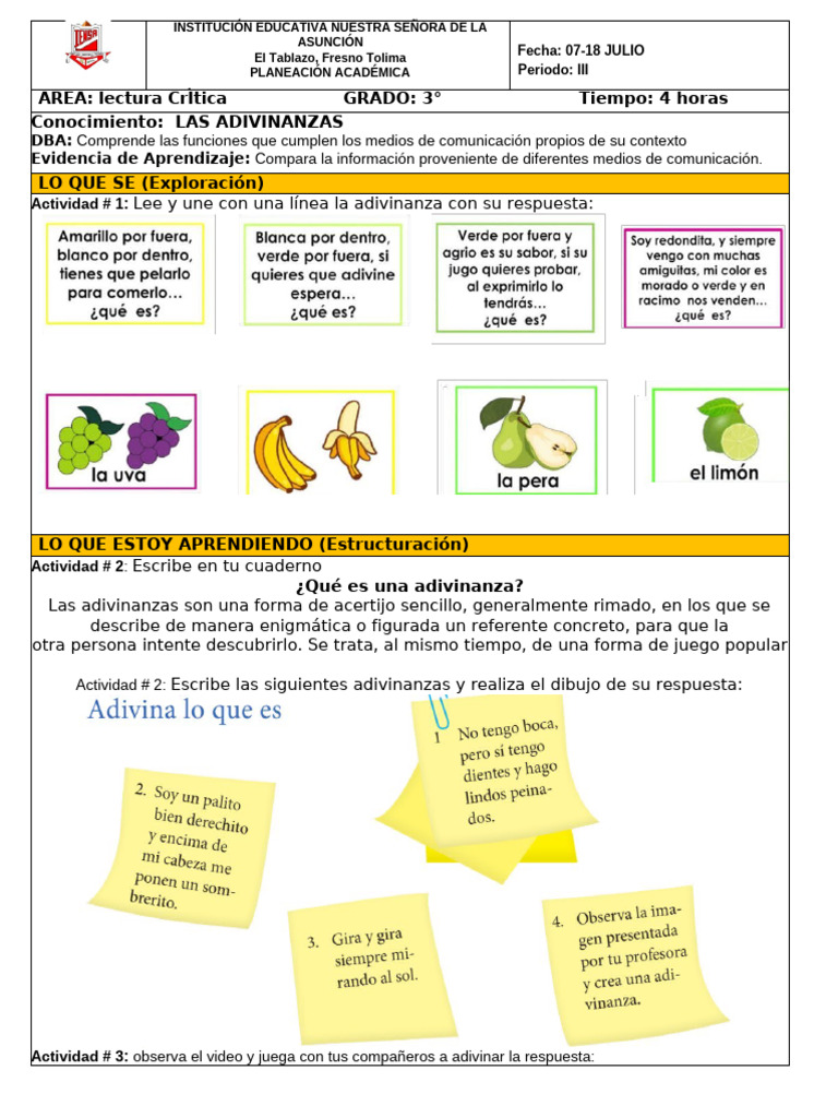 Adivinanzas para Aprender en 3° Grado | PDF