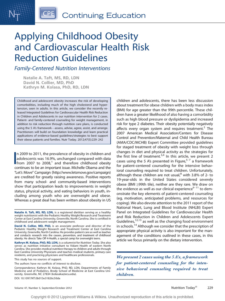 Applying Childhood Obesity and Cardiovascular Health Risk Reduction ...
