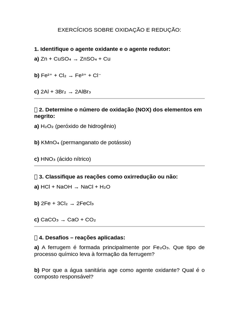 Exercícios de Oxidação e Redução Química | PDF | Redox | Reações químicas