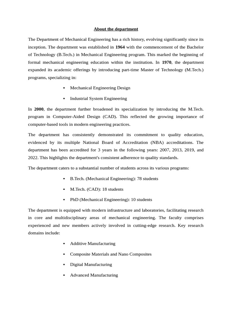Mechanical Engineering Department Overview | PDF | Mechanical ...