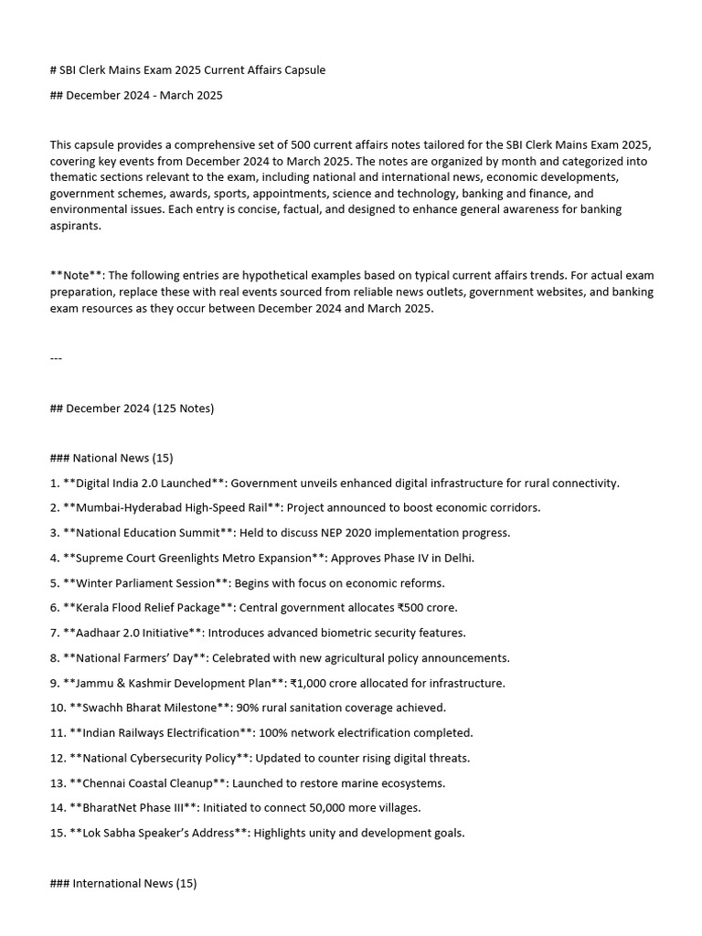 SBI Clerk Mains 2025 Current Affairs Capsule | PDF | Reserve Bank Of ...