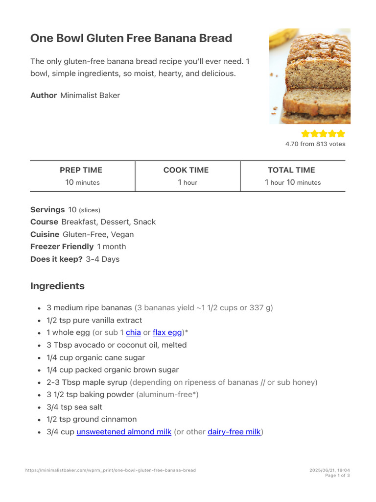 One Bowl Gluten Free Banana Bread - Minimalist Baker | PDF | Fat | Breads