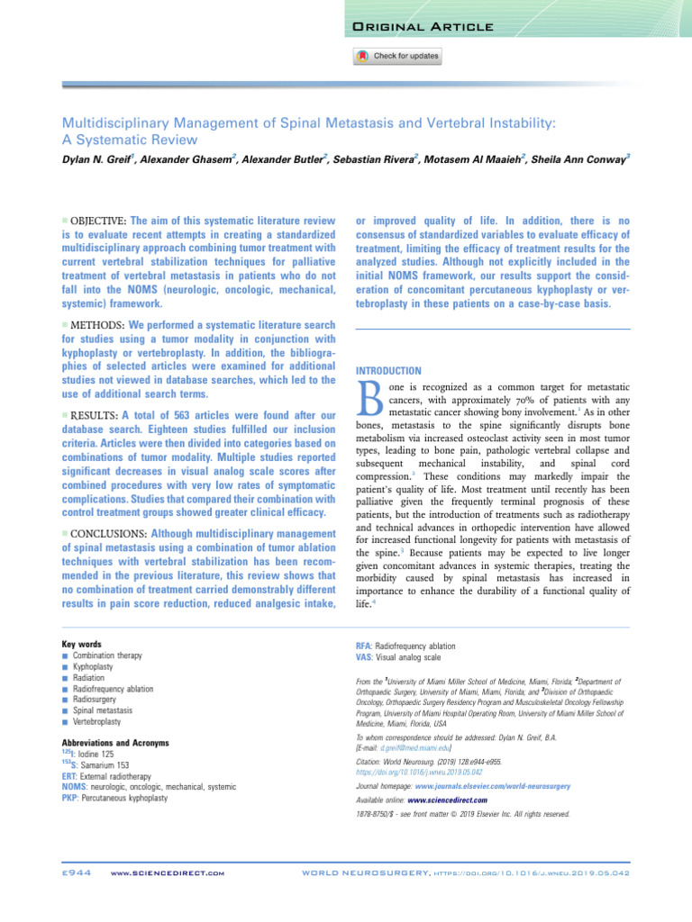 Multidisciplinary Management of Spinal Metastasis and Vertebral ...
