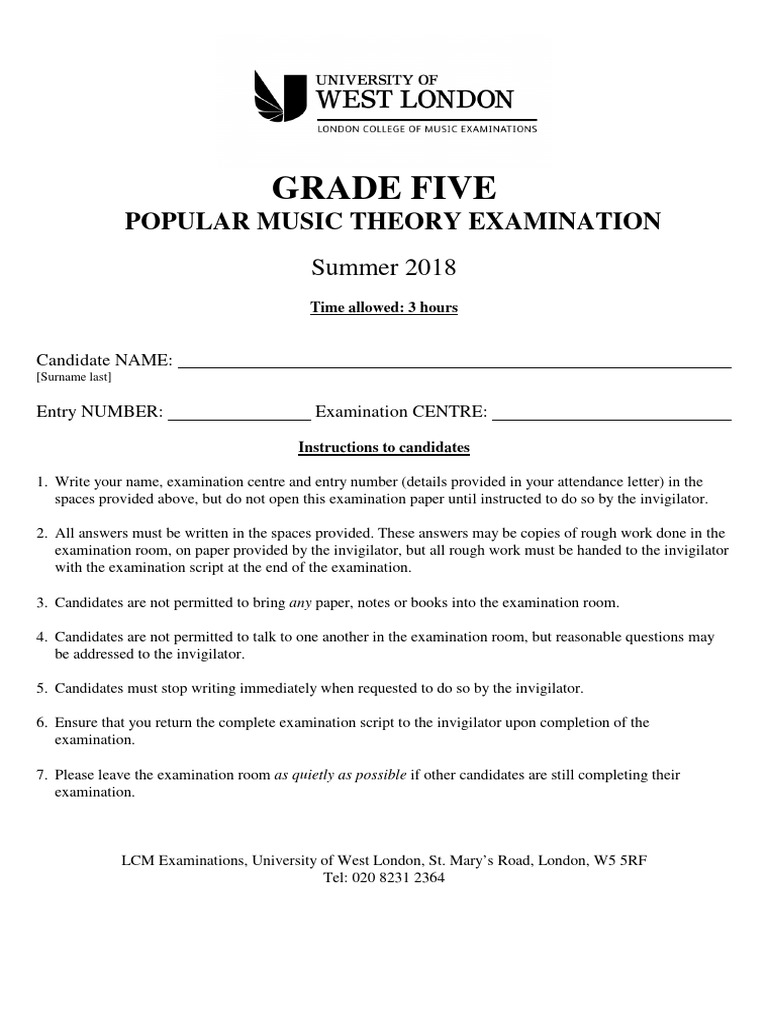 Grade 5 Popular Music Theory Exam | PDF | Clef | Chord (Music)
