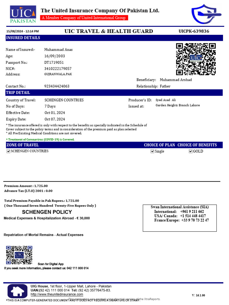 Travel Insurance Policy for Schengen Trip | PDF | Insurance | Indemnity